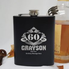 60th Birthday Engraved Personalised Black Hip Flask (M)