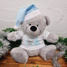 Personalised Christmas Bear 30cm Grey Blue Hat