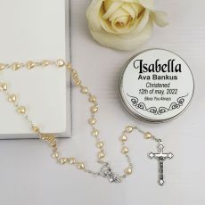 Christening Pearl Heart Rosary Beads Personalised Tin