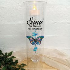 16th Birthday Glass Candle Holder Blue Stripe Butterfly