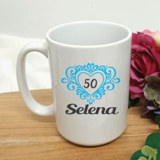 50th Birthday Personalised Coffee Mug Filigree Heart 15oz