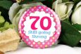 70th Birthday Party Badge - Pink Spots