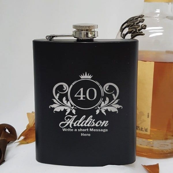 40th Birthday Engraved Personalised Black Hip Flask (F)