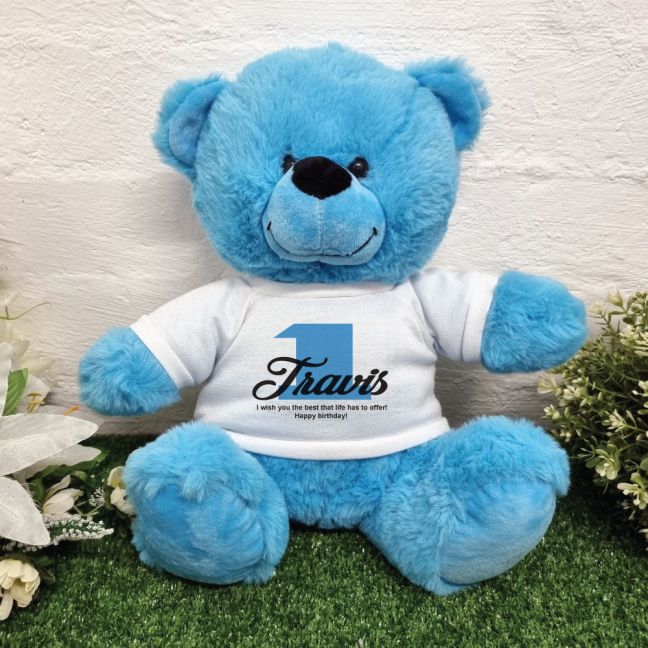 1st Birthday Bear Bright Blue Plush 30cm