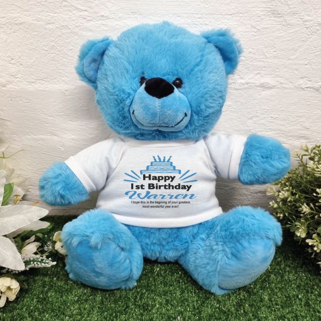Personalised 1st Birthday Party Bear Bright Blue Plush 30cm
