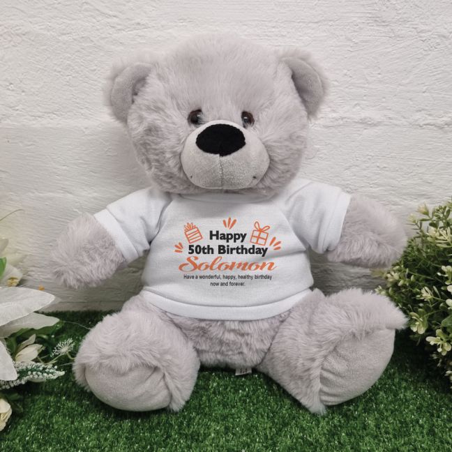 Personalised 50th Birthday Bear Grey Plush 30cm