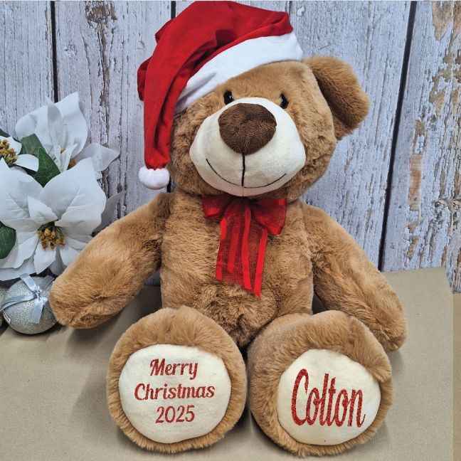 Personalised Christmas Brown Bear Red Bow 40cm