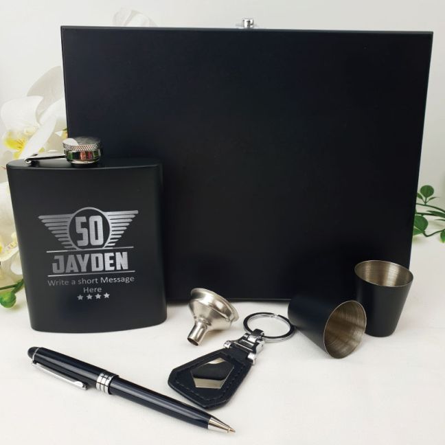 50th Birthday Engraved Black Flask Set in Wood Box