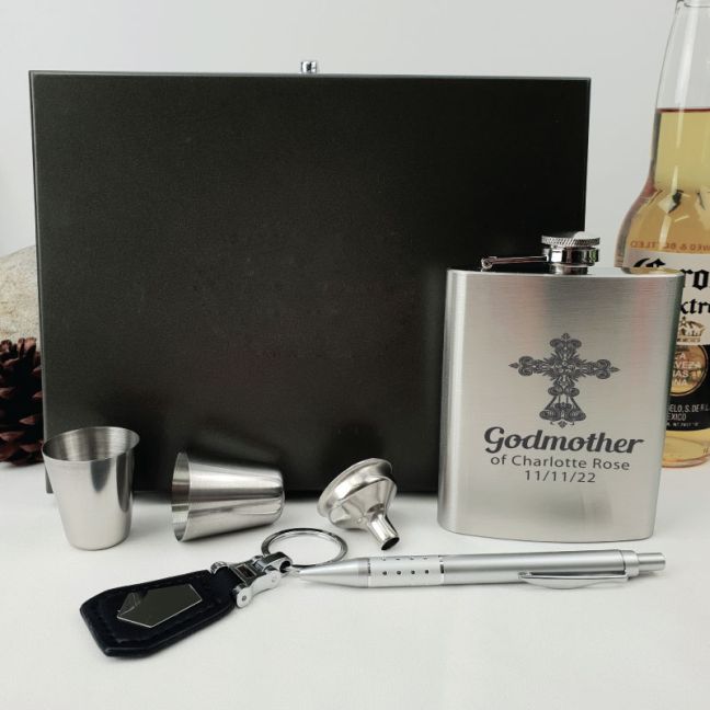Godmother Engraved Silver Flask Gift Set in  Gift Box