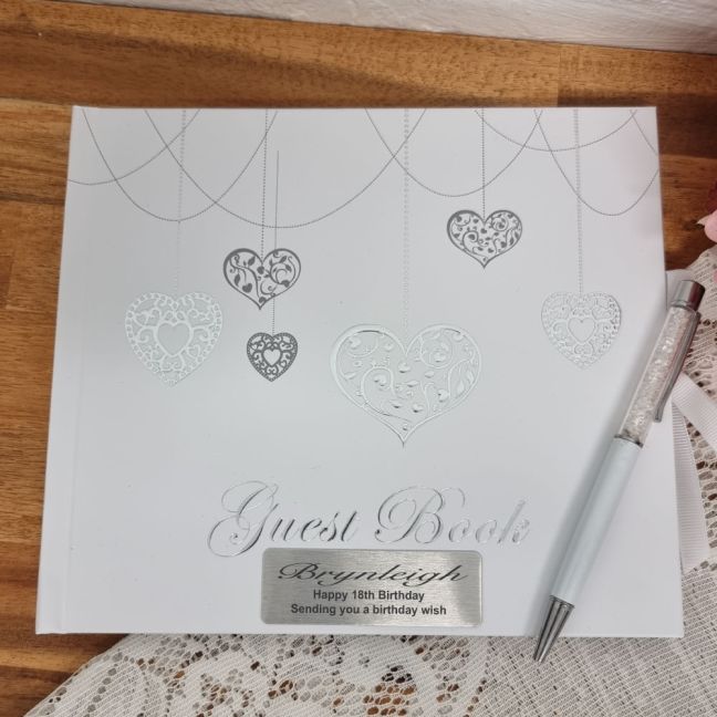 Personalised 18th Birthday Guest Book White Silver Hearts