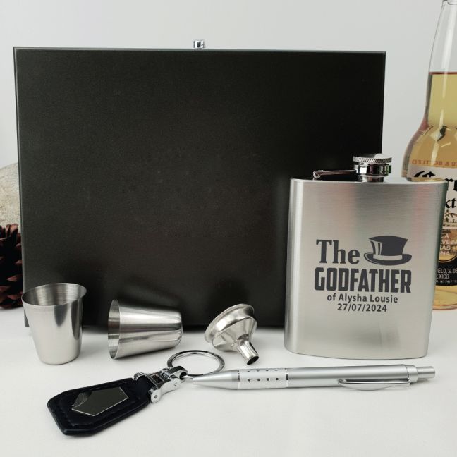 Godfather Engraved Silver Flask Gift Set in  Gift Box