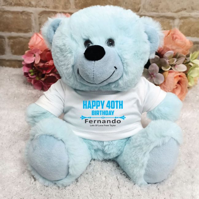 Personalised 40th Birthday Bear Light Blue Plush