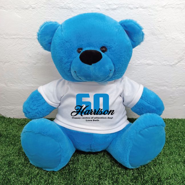 60th Birthday Personalised Bear with T-Shirt - Blue 40cm