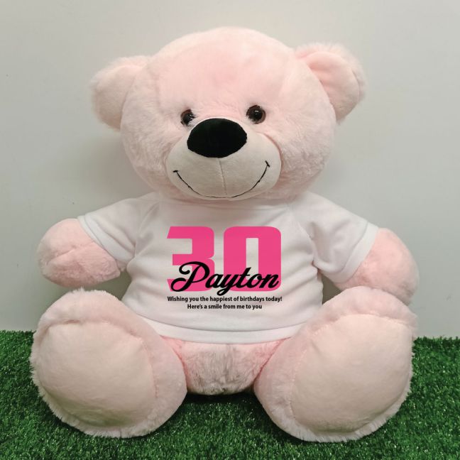 30th Birthday Personalised Bear with T-Shirt - Light Pink 40cm
