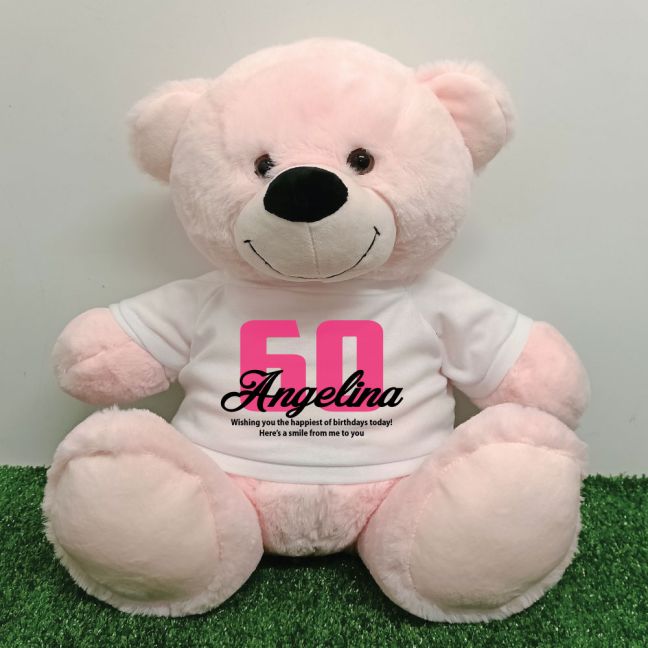 60th Birthday Personalised Bear with T-Shirt - Light Pink 40cm