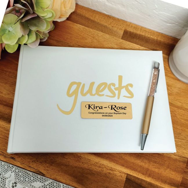 Personalised Baptism Guest Book & Pen White Gold
