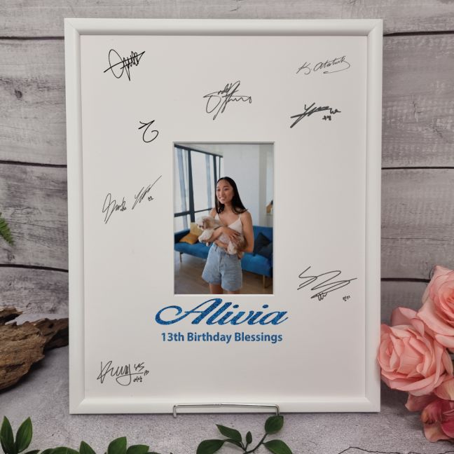 13th Birthday Signature Frame White Glitter 4x6 Photo
