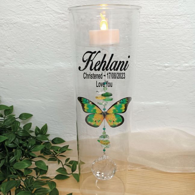Christening Glass Candle Holder Green Butterfly
