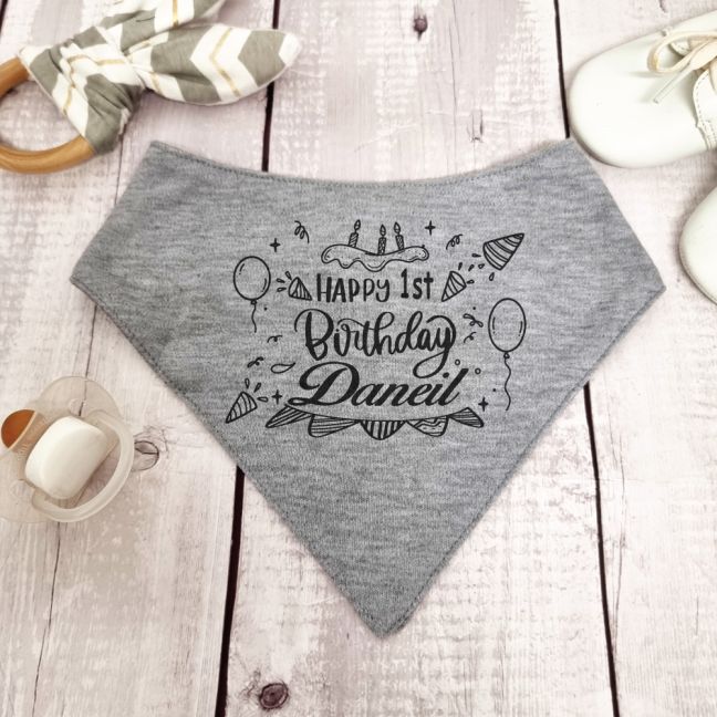 1st Birthday Bandana Dribble Bib Grey