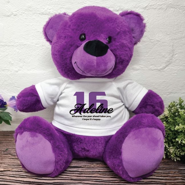 16th Birthday Personalised Bear with T-Shirt Purple 40cm