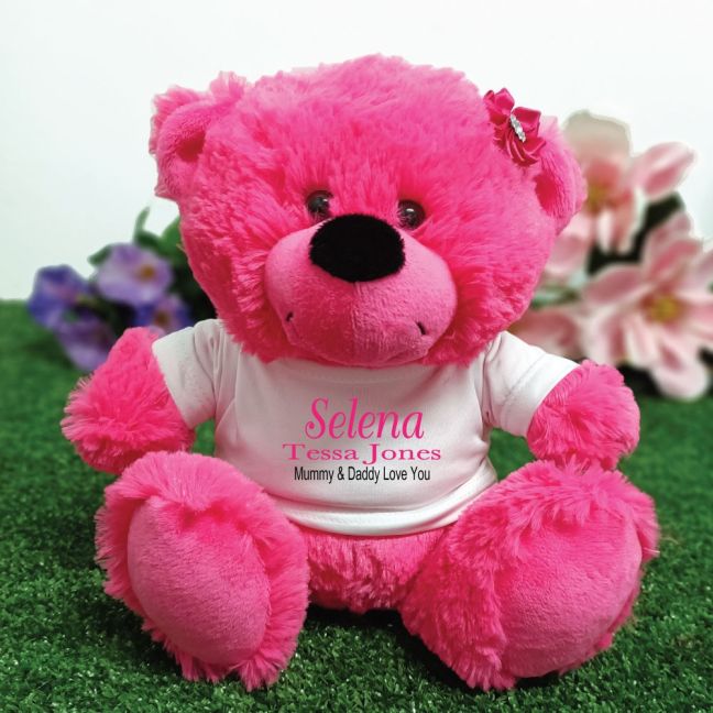 Newborn Personalised Teddy Bear Hot Pink
