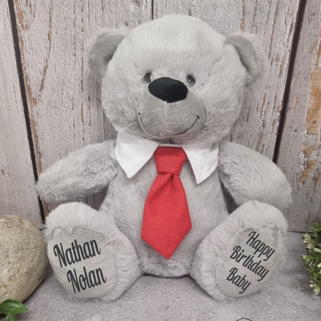 Grey Birthday Bear with Red Tie 30cm