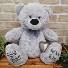 Personalised Bear with Silver Heart Urn Grey 40cm 