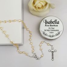 Holy Communion Pearl Heart Rosary Beads Personalised Tin