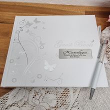 Baby Shower Guest Book White Silver Butterfly