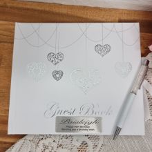 Personalised 80th Birthday Guest Book White Silver Hearts
