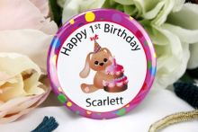 Personalised Birthday Badge - Pink Puppy - Any Age