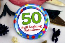 50th Birthday Party Badge - Blue Spots