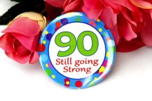 90th Birthday Party Badge - Blue Spots