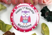 Personalised 1st Birthday Badge - Pink Owl