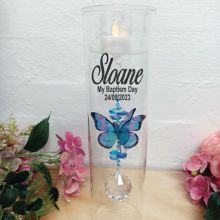 Baptism Glass Candle Holder Blue Butterfly
