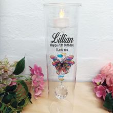 70th Birthday Glass Candle Holder Rainbow Butterfly