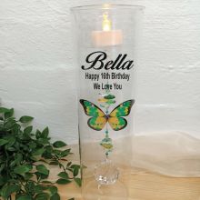16th Birthday Glass Candle Holder Green Butterfly