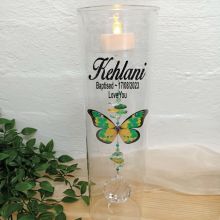 Baptism Glass Candle Holder Green Butterfly