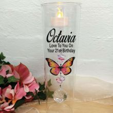 21st Birthday Glass Candle Holder Pink Butterfly
