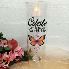 50th Birthday Glass Candle Holder Pink Butterfly