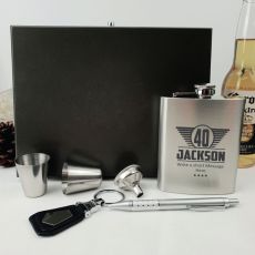 40th Birthday Engraved Silver Flask Set in Wood Box