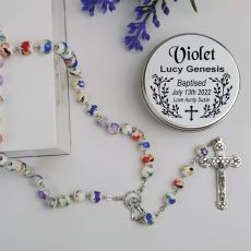 Baptism White Ceramic Rosary Beads Personalised Tin