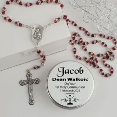 Holy Communion Rosary Beads Red Diamante Personalised Tin