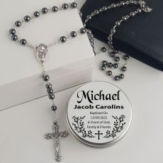 Baptism Rosary Beads Hematite Personalised Tin