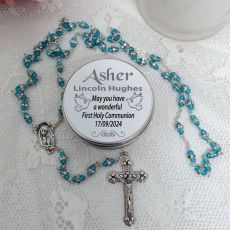 Communion Rosary Beads Aqua Diamante Personalised Tin