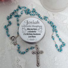 Rosary Beads Aqua Diamante Personalised Tin