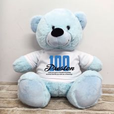 100th Birthday Personalised Bear with T-Shirt - Light Blue 40cm