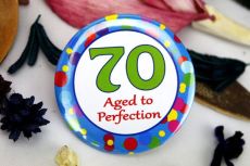 70th Birthday Party Badge - Blue Spots