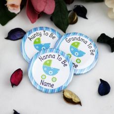 Personalised Baby Shower Badge Blue Pram