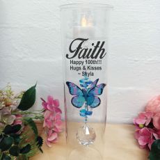 100th Birthday Glass Candle Holder Blue Butterfly